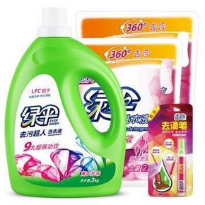 绿伞 洗衣液套装3kg+补充装2kgx2袋+去渍笔1支 49.9元(可199-100)