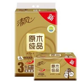 清风（APP） 原木纯品金装 3层150抽面巾纸*3包 中规格 9.9元