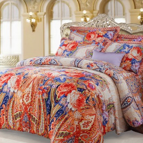 水星家纺 磨毛全棉四件套 佩兹利花园 桔色 双人1.5米床 299元包邮