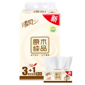 清风 原木纯品系列 2层150抽短幅抽取式面纸x4包 6.5元(12.9，买1赠1)