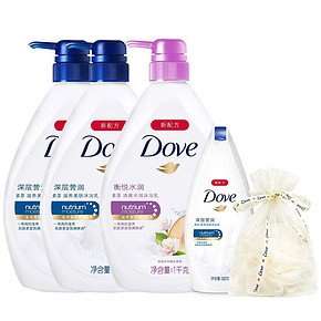 Dove 多芬 沐浴乳组合1000g*3瓶+300ml*1瓶+浴球 88元