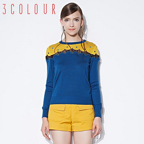 三彩 丽雪 撞色波点蕾丝波浪拼接长袖针织衫 88元包邮