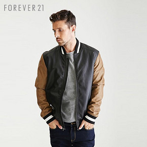 FOREVER21 男士撞色仿皮棒球衫夹克 110元