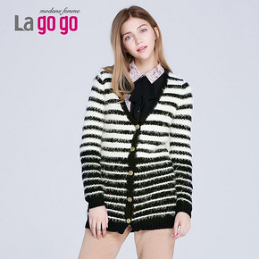 lagogo 拉谷谷 冬季条纹拼色保暖针织开衫 69元包邮