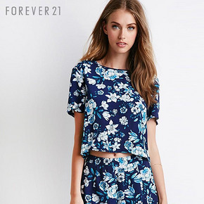 FOREVER21 宽松短款撞色花朵短袖衫 35元