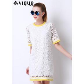 Yigue 亦谷 撞色短袖假两件式蕾丝连衣裙 白色 M 79元包邮