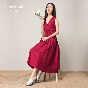 文艺女神范# 莎默 棉麻无袖v领连衣长裙 2色可选 98元包邮(148-50券)