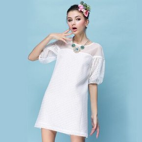 手机端# 迪图 拼接透视宫廷泡泡中袖连衣裙 74元包邮