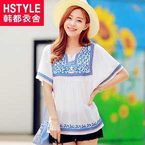 韩都衣舍 新款宽松绣花蝙蝠袖短袖衬衫 19.9元包邮