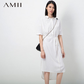 极简小白裙# Amii 纯色翻领绑带连衣裙 折49.5元(99选2件)