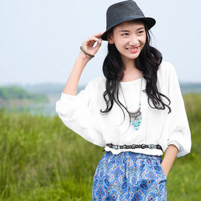 森女清新# 裂帛 圆领蝙蝠袖雪纺套头衫 44.8元包邮(49.8-5券)