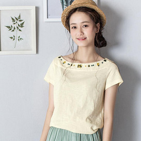 清新文艺范儿# 茵曼 夏季纯棉绣花短袖T恤 89元包邮(119-30券)