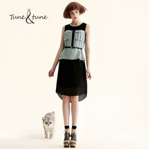 tune tune 无袖不规则高腰牛仔袖连衣裙 89元包邮