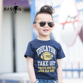 百圣诗 男童纯棉时尚字母圆领打底短袖T恤 14.9元包邮(44.9-30券)