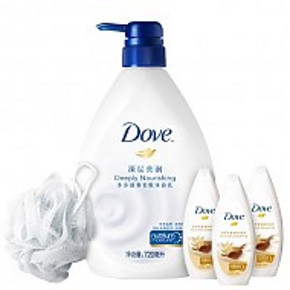 DOVE 多芬沐浴乳套装 沐720ml+沐45ml*3瓶+浴球 折24.8元(53，3件5折-5券)