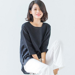前5分钟半价# 萌初 夏季女款文艺宽松棉麻七分袖衬衣 79返39.5元