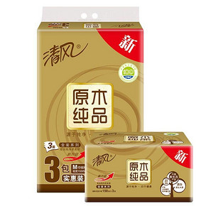 清风 抽纸 原木纯品金装 3层130抽面巾纸*3包 7.9元