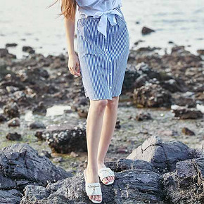 迪图 蓝色不规则条纹开叉鱼尾裙 49元包邮(69-20券)