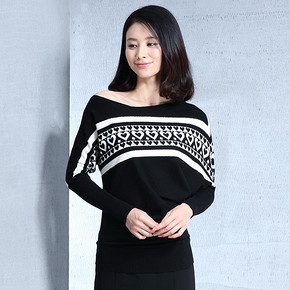 艺元素 通勤拼接撞色一字领针织衫 券后29元包邮