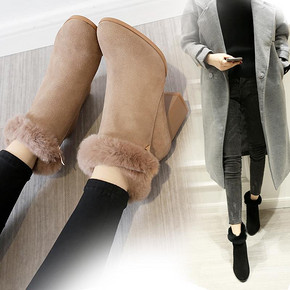 女神范# 诗拉曼 真皮粗跟保暖兔毛短靴 168元包邮(198-30券)