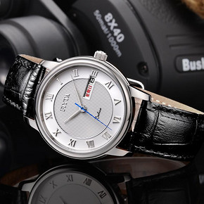 飞亚达 情侣真皮表带双日历防水石英表 299元包邮(499-200券)