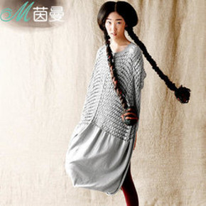 茵曼 棉质镂空拼接长袖连衣裙 94.5元(下单5折)