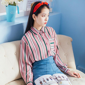 文艺范儿# 猫娘志 韩版宽松条纹长袖衬衫 39元包邮(69-30券)