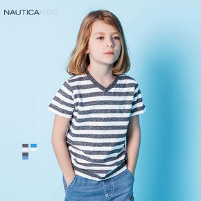 简单大方# Nautica 男童短袖T恤条纹Polo衫  59.9元包邮(89.9-30券)