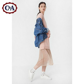 C＆A女装亮丝拼接鱼尾长裙 秋季圆领长袖连衣裙CA200210291-PL 99元