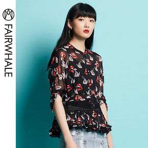 马克华菲女装2019夏新款系带拼接荷叶花边七分袖衬衫 239元