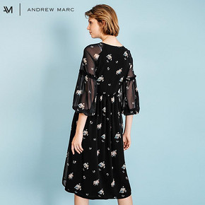 ANDREWMARC2018夏季新款雪纺连衣裙女圆领碎花长裙泡泡袖裙子女 275元
