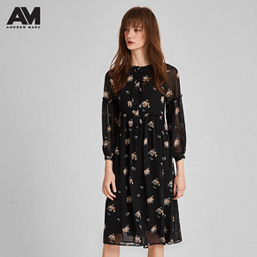 ANDREWMARC2019夏季新品雪纺连衣裙女圆领碎花长裙泡泡袖裙子女 237元