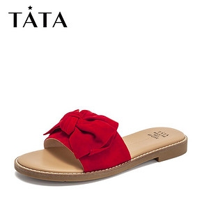 Tata他她2019夏专柜同款蝴蝶结时尚潮拖鞋方跟外穿女凉拖FKGA6BT9 308元
