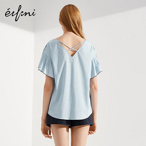 伊芙丽夏新款韩版蓝色雪纺衫宽松荷叶边V领小上衣女 179元