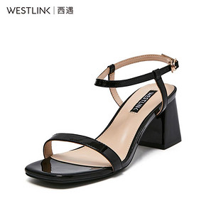 西遇女鞋2019夏季新款时尚复古方头一字带粗跟凉鞋女高跟D0893326 166元