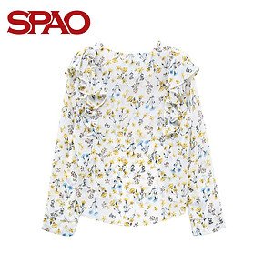 SPAO秋冬新款女式碎花蝴蝶结荷叶边雪纺衫长袖衬衫SPBW748H51 79元