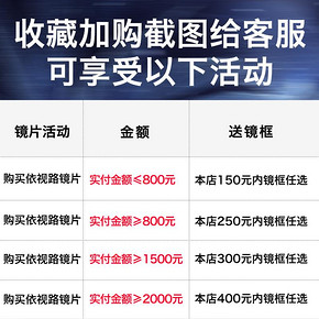 依视路1.56A4防蓝光镜片 店内150元以内镜框 368元