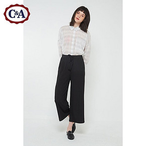 C＆A条纹肌理松紧腰垂顺阔腿裤女士夏薄款宽松九分裤CA200216506 64元