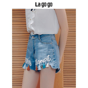 Lagogo19夏季时尚学院风流苏牛仔裤女个性潮高腰不规则短裤 109元