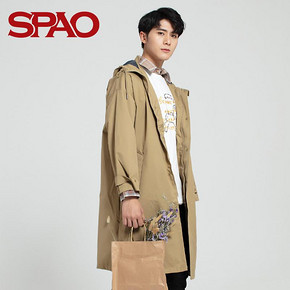 SPAO2019春季新款男式中长款夹克韩版学生宽松连帽风衣SPJJ923C10 199元