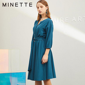 MINETTE2019秋V领连衣裙秋装新款中长款收腰显瘦长袖30119143062 79.8元
