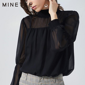 MINETTE2019秋网纱打底衫蕾丝镂空衬衣长袖雪纺衬衫30119058028 99元