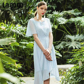 Lagogo2019夏季新款镂空松紧腰淑女喇叭袖雪纺连衣裙女IALL333F34 319元