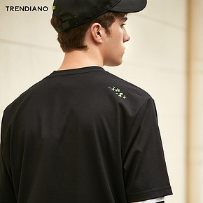 TRENDIANO潮牌2019新款春夏男装猫咪字母印花圆领短袖纯棉T恤男 141元