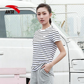 安踏短袖女2019夏季新款透气吸汗条纹t恤运动短t女装官网休闲上衣 69元
