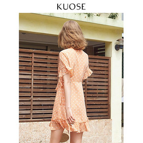 kuose 阔色 KSB1904074 女装气质波点荷叶边雪纺V领a字连衣裙 118元