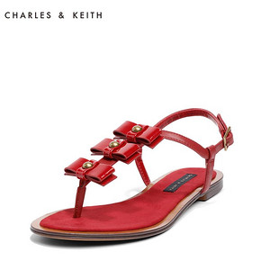 CHARLES＆KEITH夏凉鞋女CK1-70390189可爱蝴蝶结夹趾红色平底鞋 169元