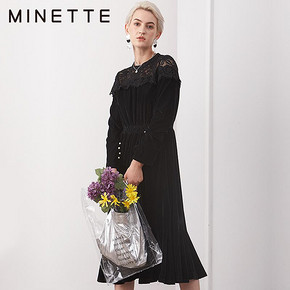 MINETTE 2019秋新品显瘦黑色松紧收腰气质连衣裙女30318143125 129元