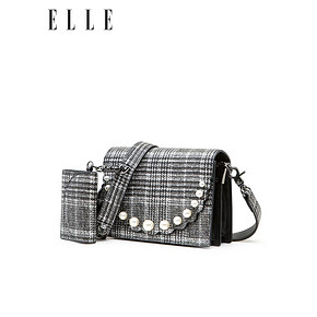 ELLE女包单肩包女2019新款80914气质格纹珍珠装饰翻盖肩背斜挎包 415.1元