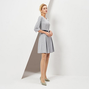 SCOFIELD女装夏季中长款A字修身条纹七分袖连衣裙SFOW82302S 833元